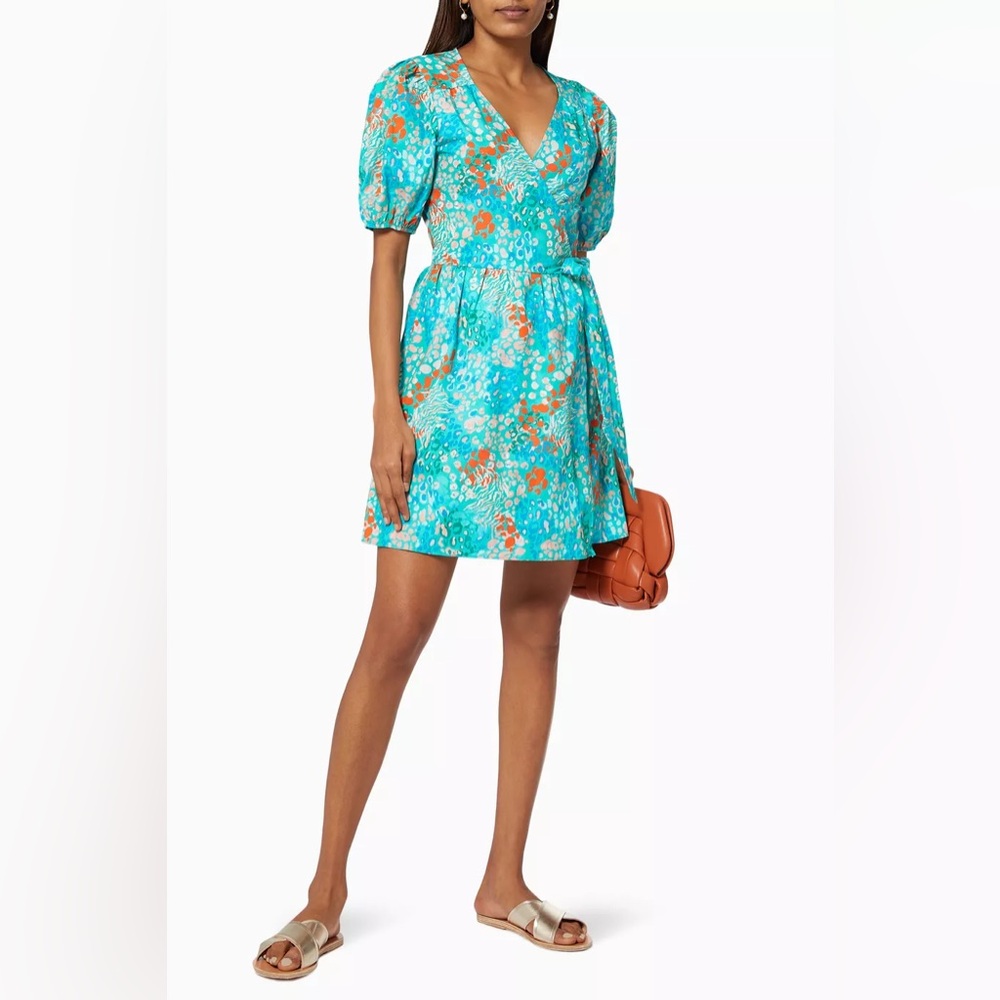 NEVER FULLY DRESSED Turquoise Zsa Zsa Rainbow Animal Wrap Dress, Sz 12